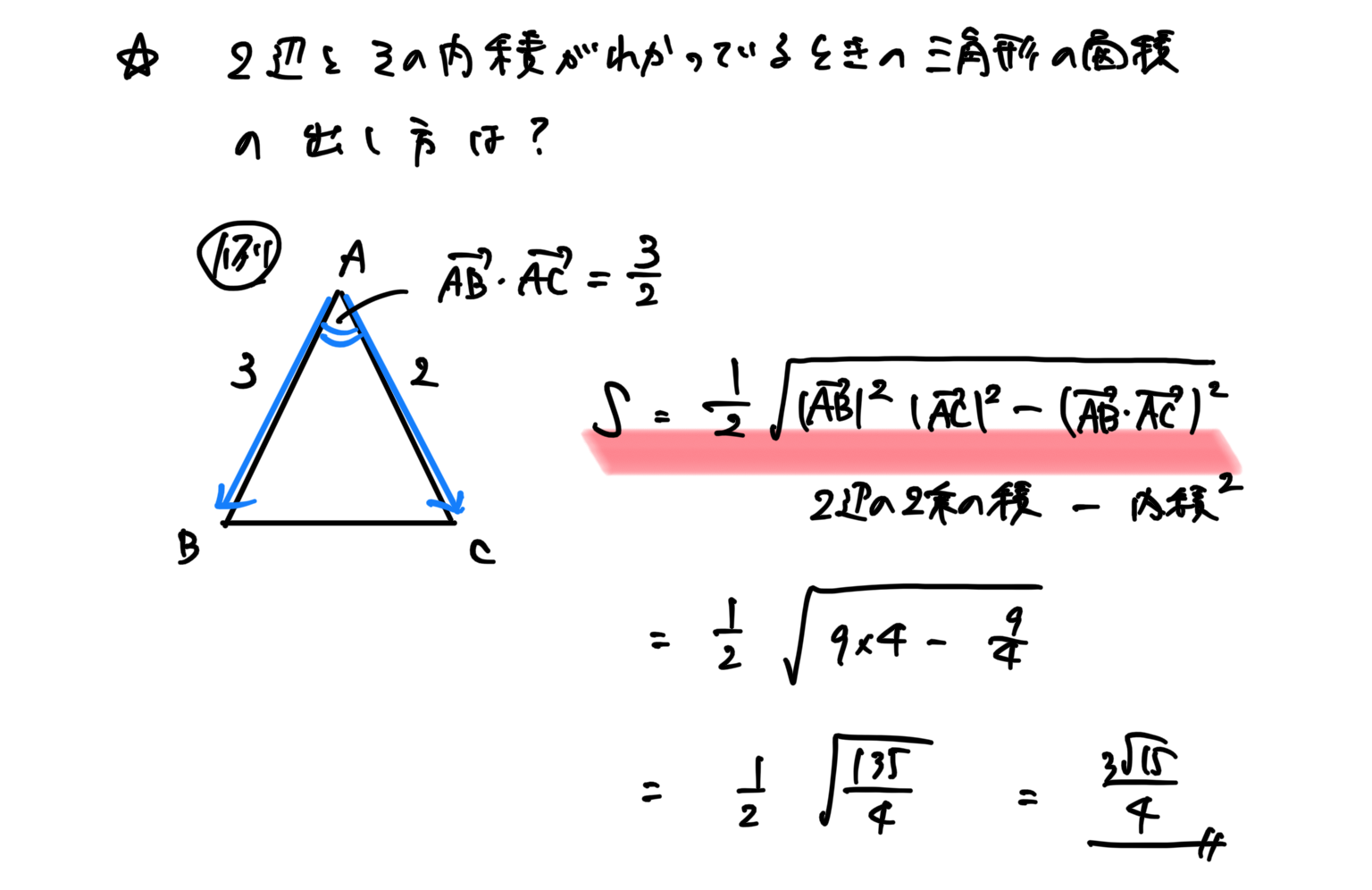 三角形の２辺とその内積がわかっているときの面積の出し方