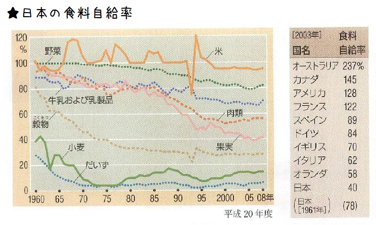 【中学社会】日本の食料自給率（大豆と小麦低い、米と野菜は高い）