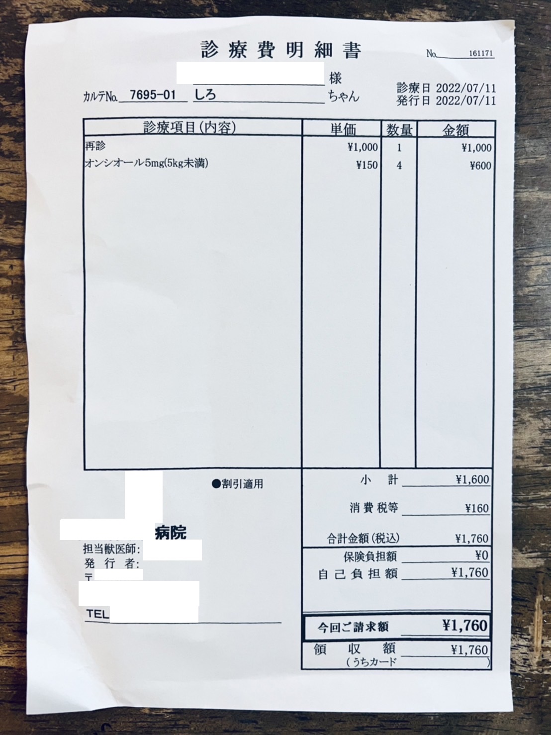 脱臼診察料金（1760円）