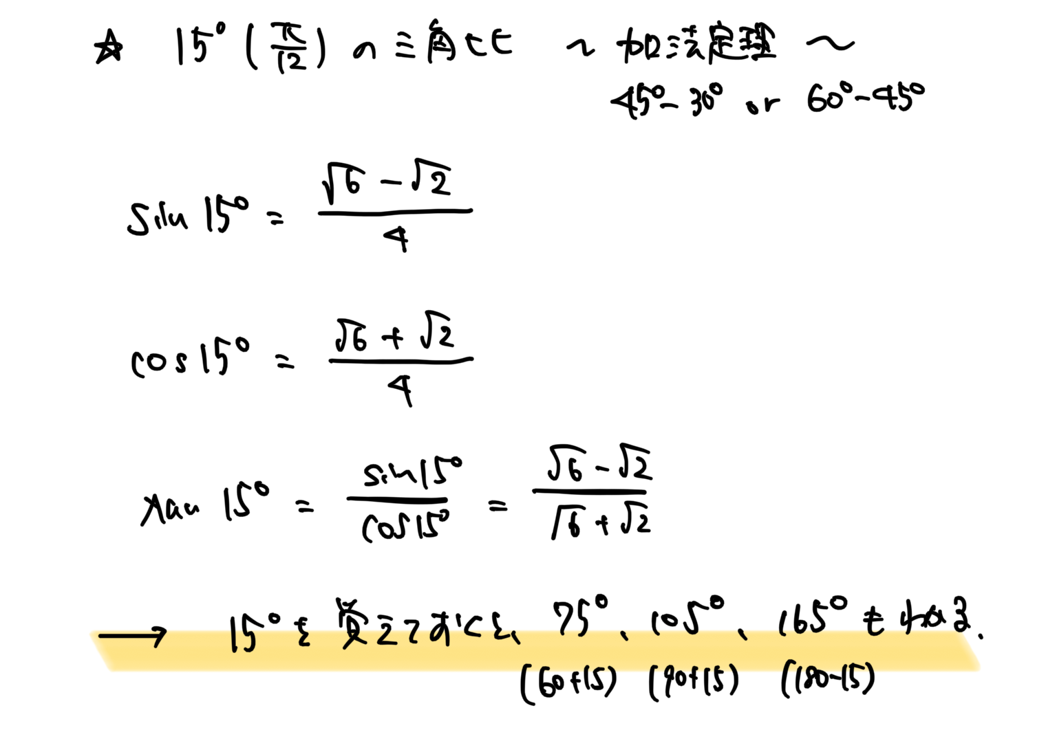 【高校数学】公式まとめ一覧（三角関数）準有名角１５度