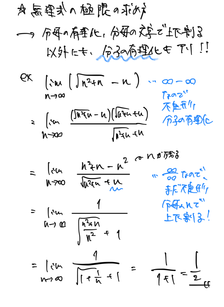 【高校数学をわかりやすくまとめ・数Ⅲ】数列の極限の性質（不定形の処理方法）無理式のとき
