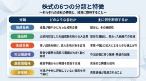 ピーター・リンチの投資法における株式の6つの分類（低成長株・優良株・急成長株・市況関連株・業績回復株・資産株）と、それぞれの特徴・投資で期待することをまとめた図解