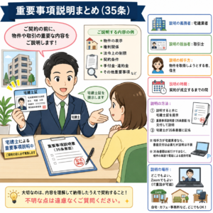 宅建業法35条の重要事項説明について、説明の義務者・担当者・相手方・時期・方法・場所を、宅建士が買主に説明する場面とともにまとめた図解。