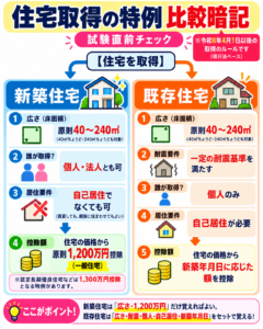 宅建試験の税法について、住宅取得の特例を新築住宅と既存住宅で比較し、床面積・取得者・居住要件・耐震要件・控除額をまとめた図解