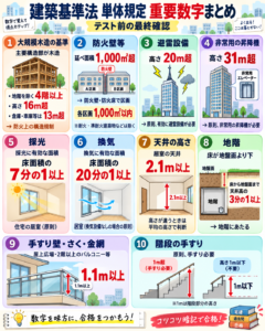 宅建試験の建築基準法・単体規定について、大規模木造、防火壁、避雷設備、非常用昇降機、採光、換気、天井高、地階、手すり、階段の重要数字を一覧化した図解