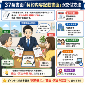 宅建業法37条書面（契約内容記載書面）の交付方法を図解。契約締結後、宅建業者が取引士の記名した37条書面を売主・買主の双方に交付する流れを解説