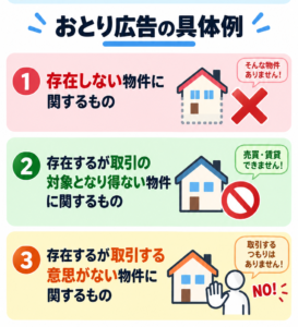 宅建試験対策として、おとり広告の定義と具体例3パターン（存在しない物件、取引できない物件、取引する意思がない物件）を図解した画像
